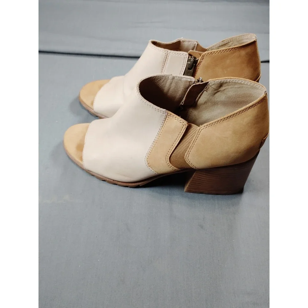 Sorel Nadia Women 11 Leather Ankle Booties Chunky Heel Zip Peep Toe Boho Sandals